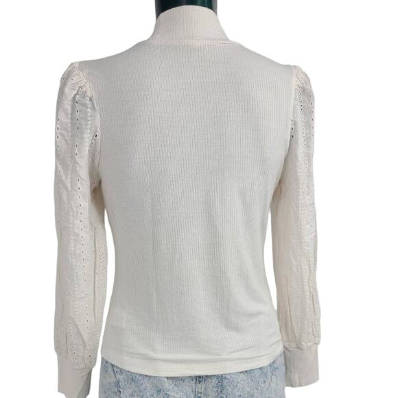 Audele Mock Neck Long Sleeve Top Eyelet Detail Ivory White Size L 2291 - Picture 2 of 7